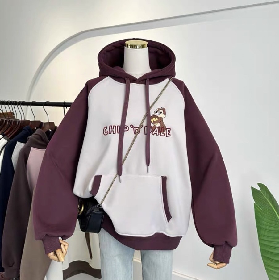 韓國單重工刺繡卡通洋氣拼色寬松加厚加絨衛衣女連帽保暖外套秋冬