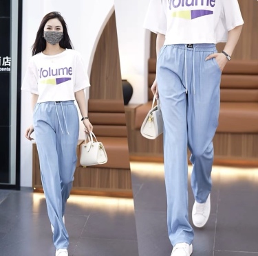 窄版冰絲闊腿褲女夏季薄款高腰顯瘦垂感休閑褲寬松大碼直筒長褲子